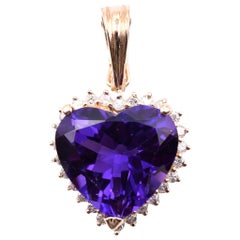 14 Karat Yellow Gold Diamond and Amethyst Heart Pendant