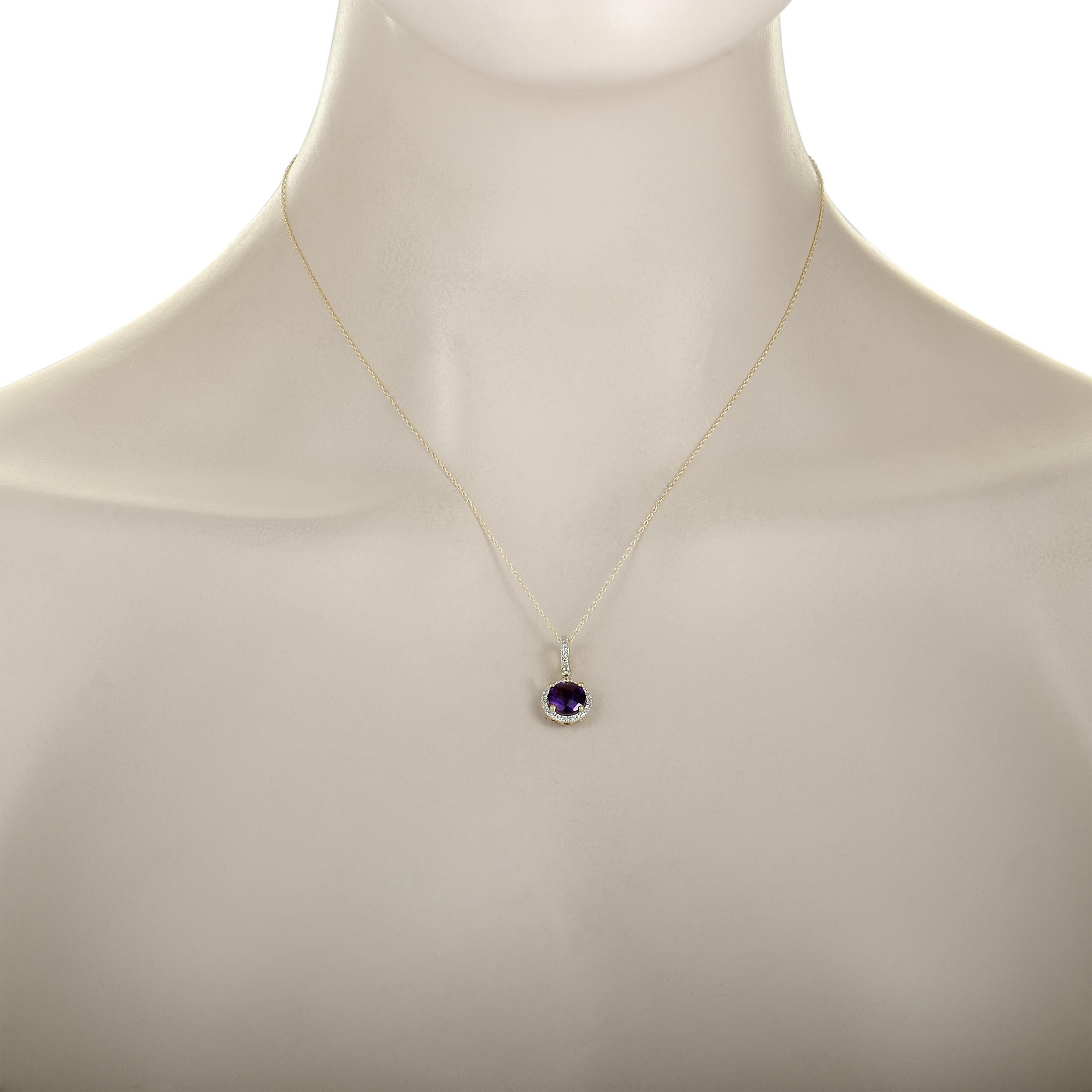 This necklace is made of 14K yellow gold and set with an amethyst and a total of 0.11 carats of diamonds. It has a 17.00” long chain with spring ring closure, while the pendant measures 0.75” in length and 0.40” in width. The necklace weighs 2.2