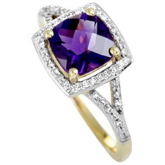 14 Karat Yellow Gold Diamond and Amethyst Square Cushion Ring