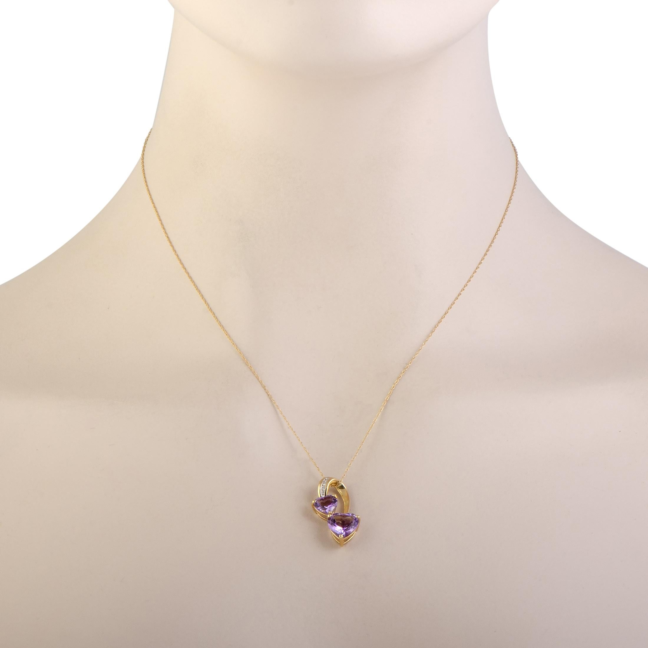 This precious 14K yellow gold necklace has a wonderful aesthetic effect created by impeccable craftsmanship. The pendant's adorably elegant design is adorned with 0.04ct of scintillating diamonds and mesmerizing heart-shaped amethyst stones that