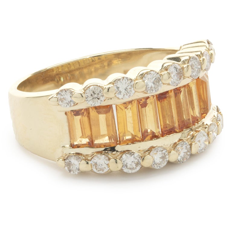 14 Karat Yellow Gold Diamond and Citrine Round and Baguette Cigar Band ...