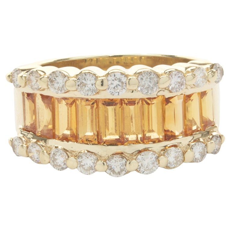 14 Karat Yellow Gold Diamond and Citrine Round and Baguette Cigar Band ...