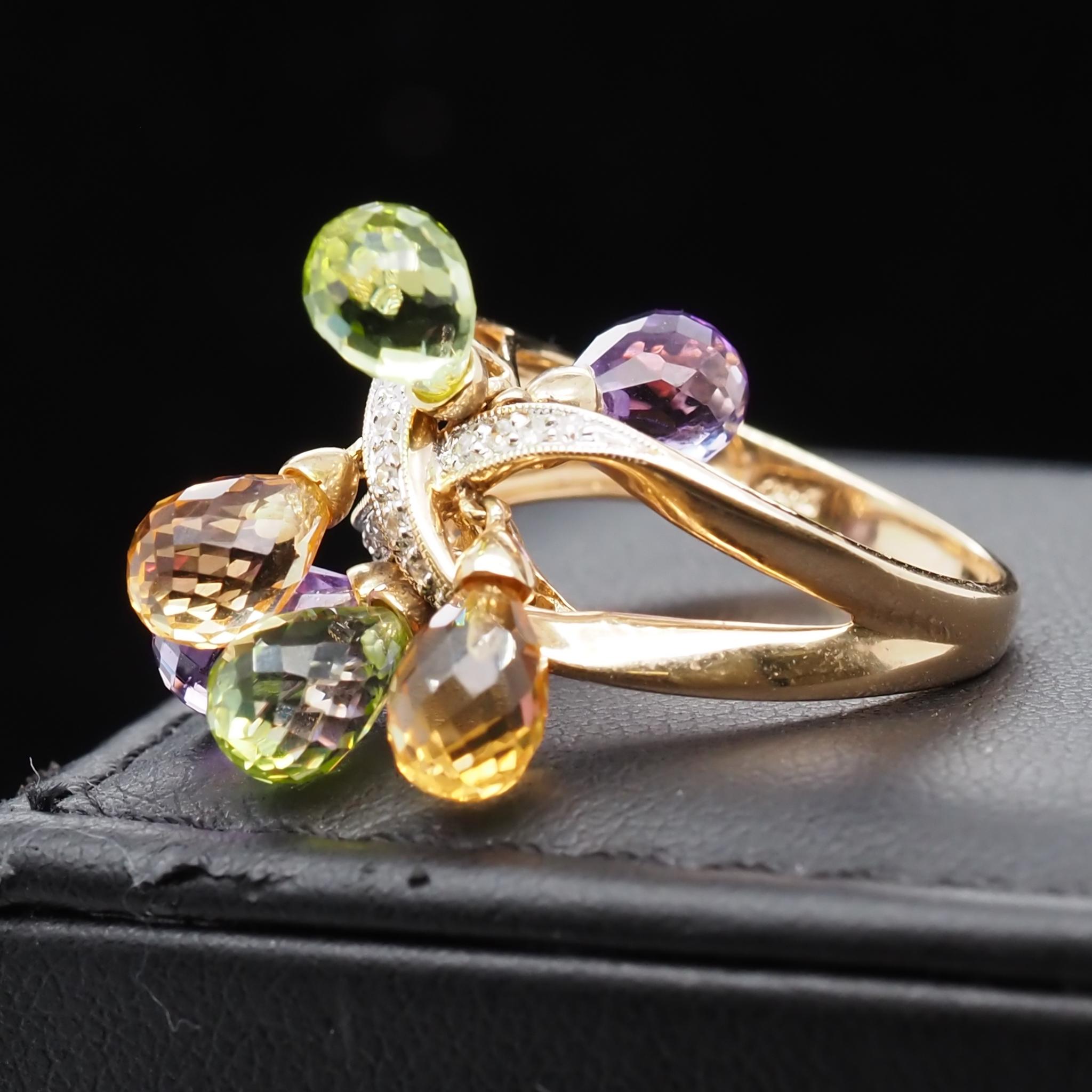 Year: 2000s

Item Details:
Ring Size: 7.25
Metal Type: 14K Yellow Gold   [Hallmarked, and Tested]
Weight:  5.6 grams

Diamond Details: .15ct, total weight. I Color, SI Clarity

Side Stone Details: Amethyst, Peridot and Citrine. Briolite cut, 4ct