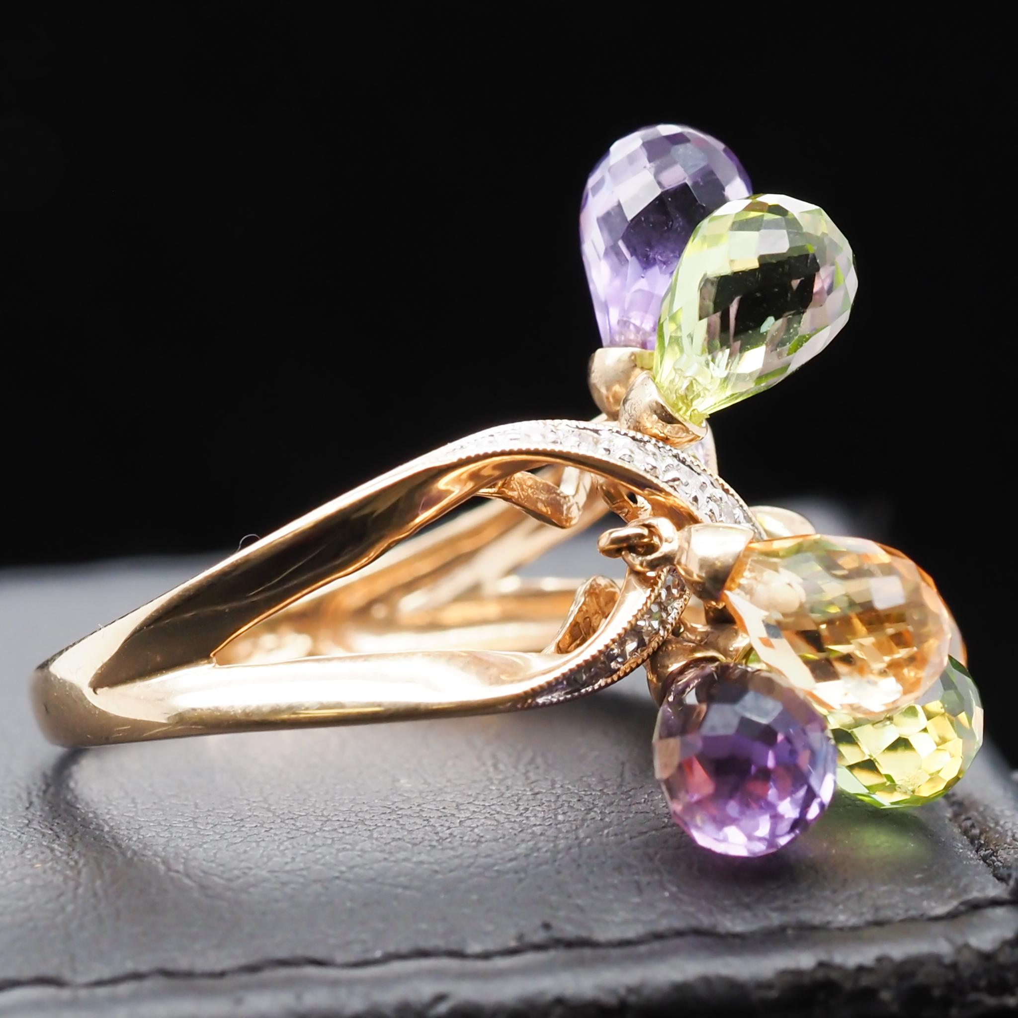 Contemporary 14 Karat Yellow Gold Diamond and Dangling Citrine, Amethyst and Peridot Ring For Sale