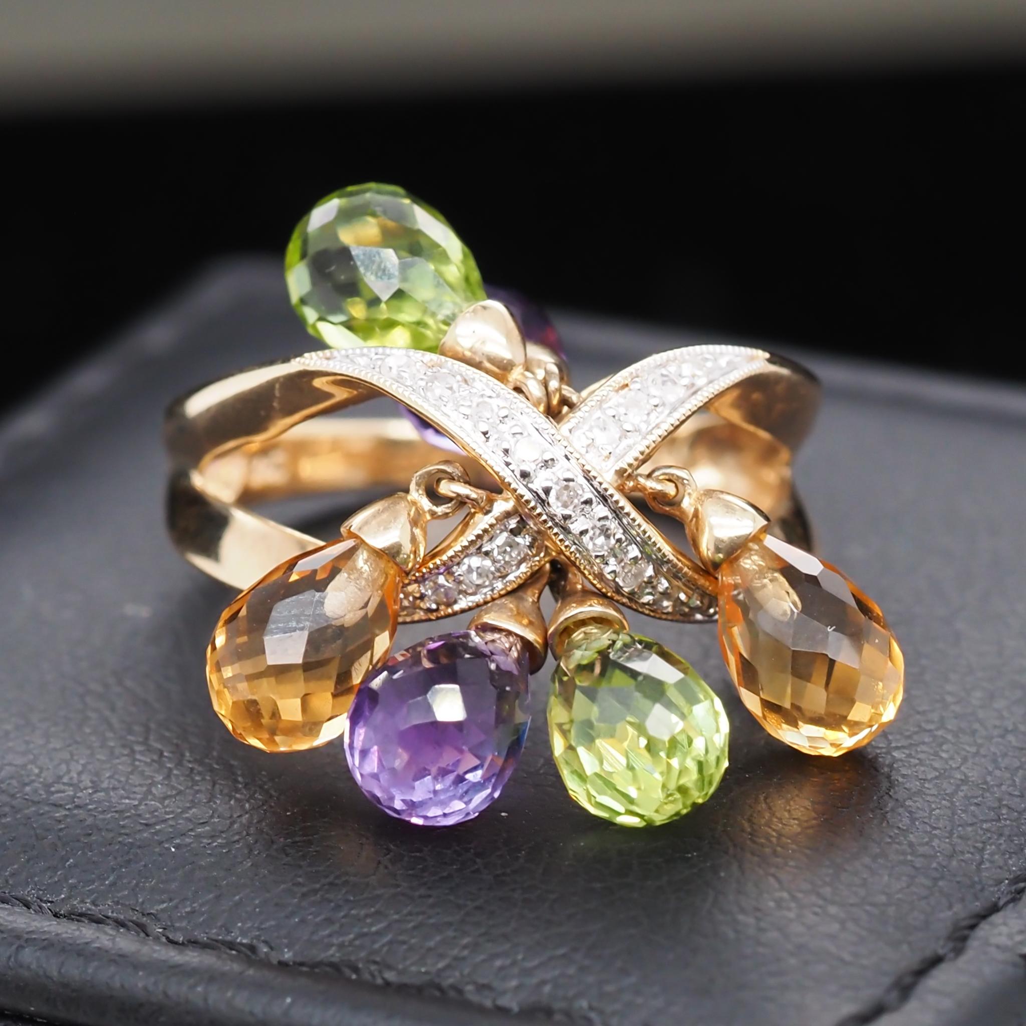 14 Karat Yellow Gold Diamond and Dangling Citrine, Amethyst and Peridot Ring In Good Condition For Sale In Atlanta, GA