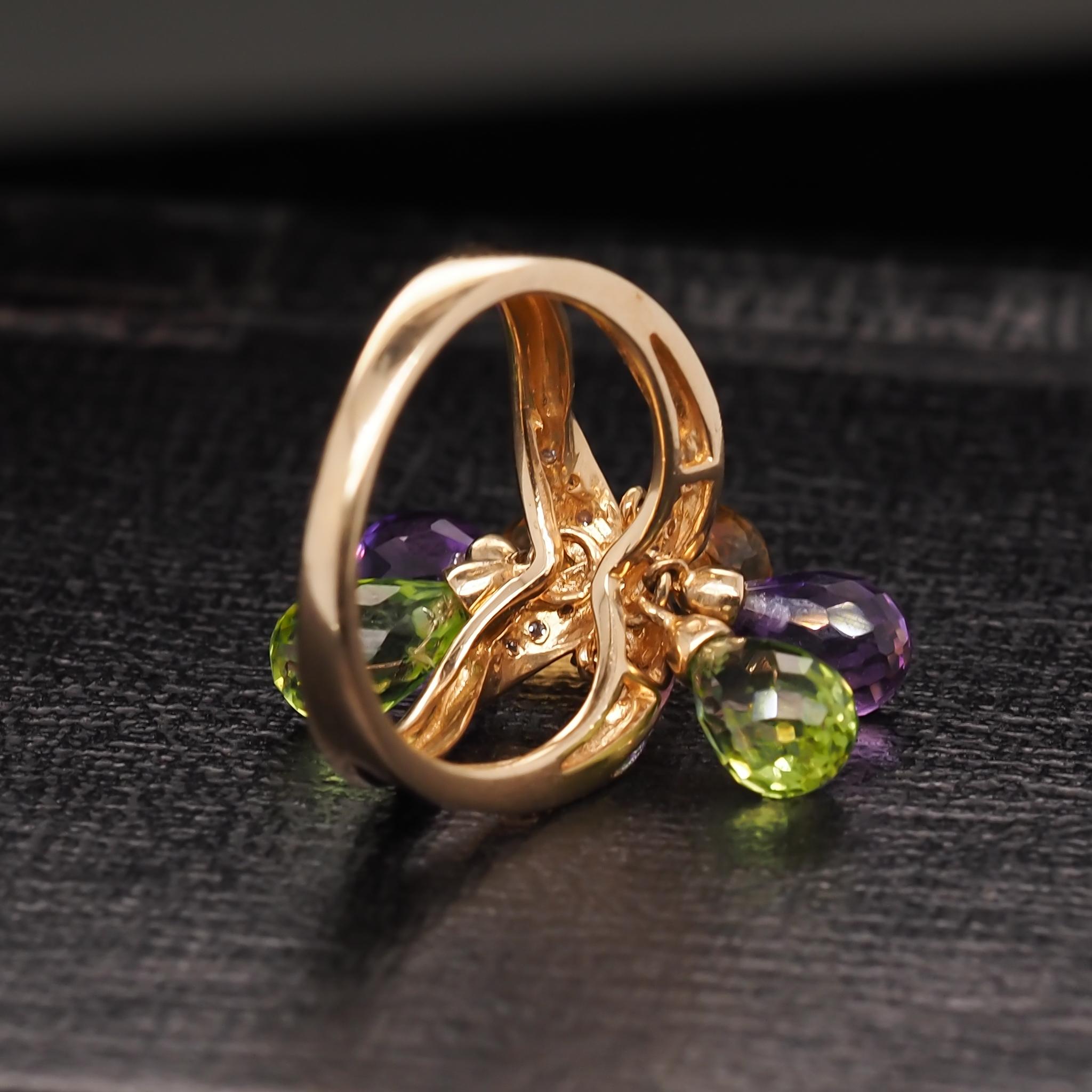 Women's or Men's 14 Karat Yellow Gold Diamond and Dangling Citrine, Amethyst and Peridot Ring For Sale