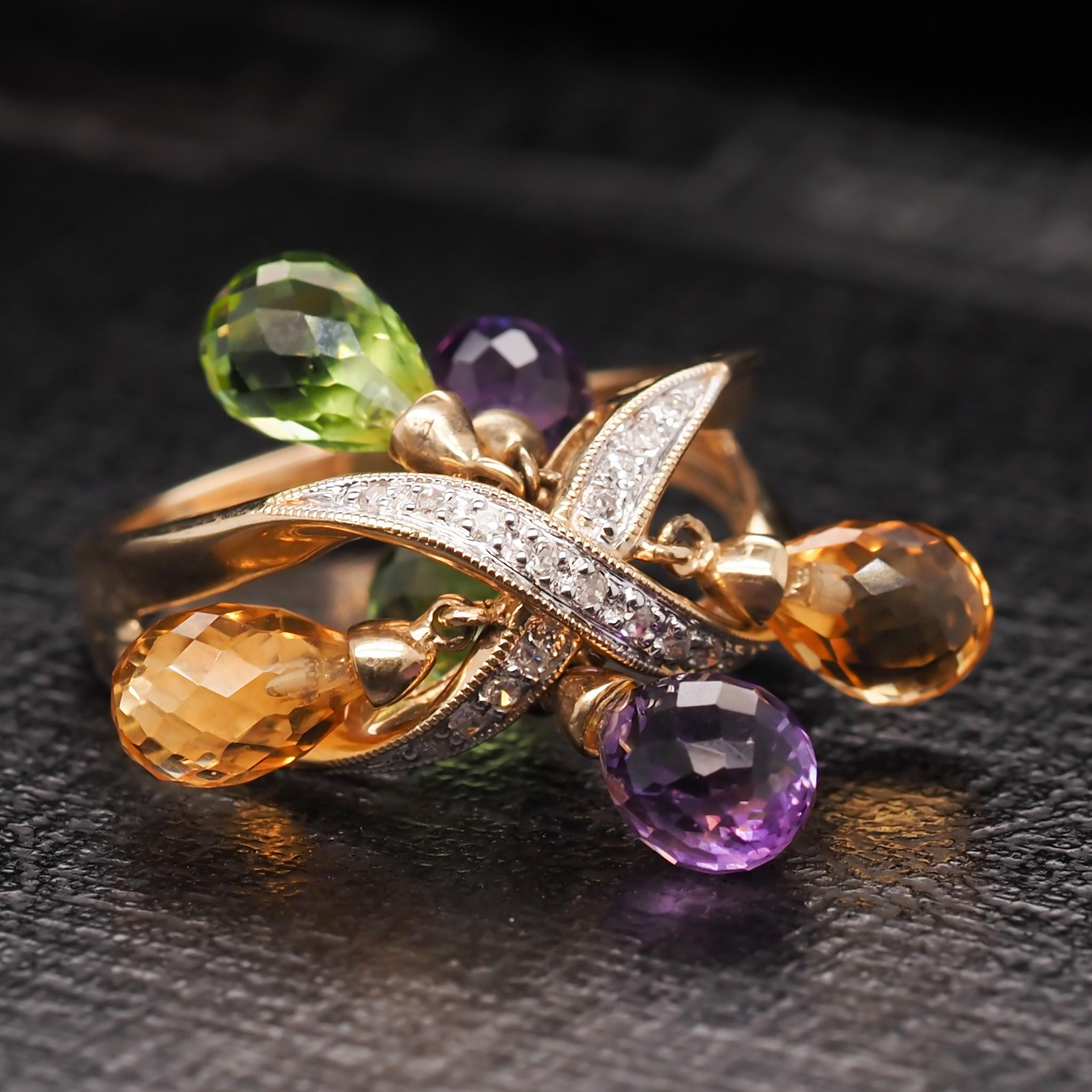 14 Karat Yellow Gold Diamond and Dangling Citrine, Amethyst and Peridot Ring For Sale 1