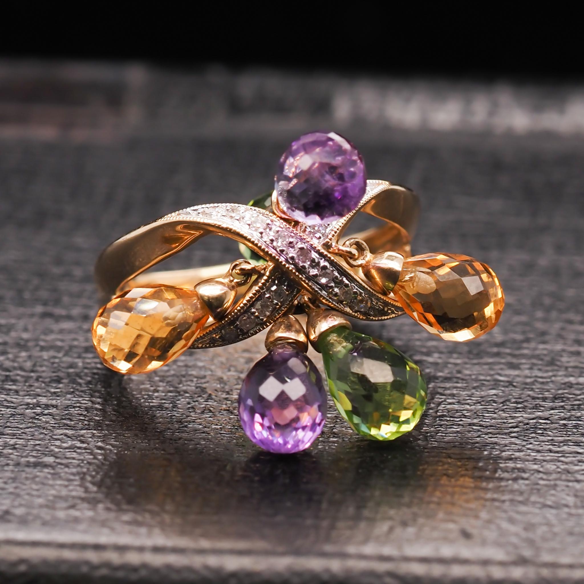 14 Karat Yellow Gold Diamond and Dangling Citrine, Amethyst and Peridot Ring For Sale 2