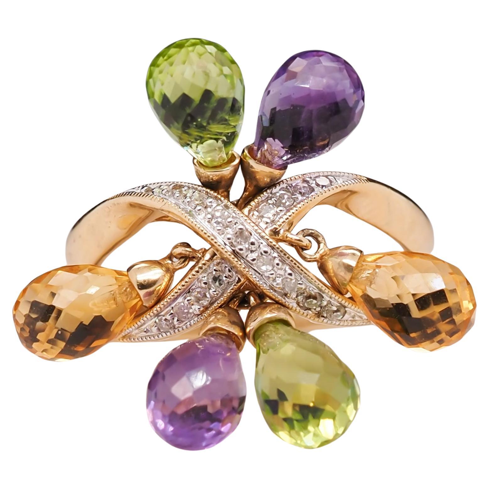 14 Karat Yellow Gold Diamond and Dangling Citrine, Amethyst and Peridot Ring For Sale