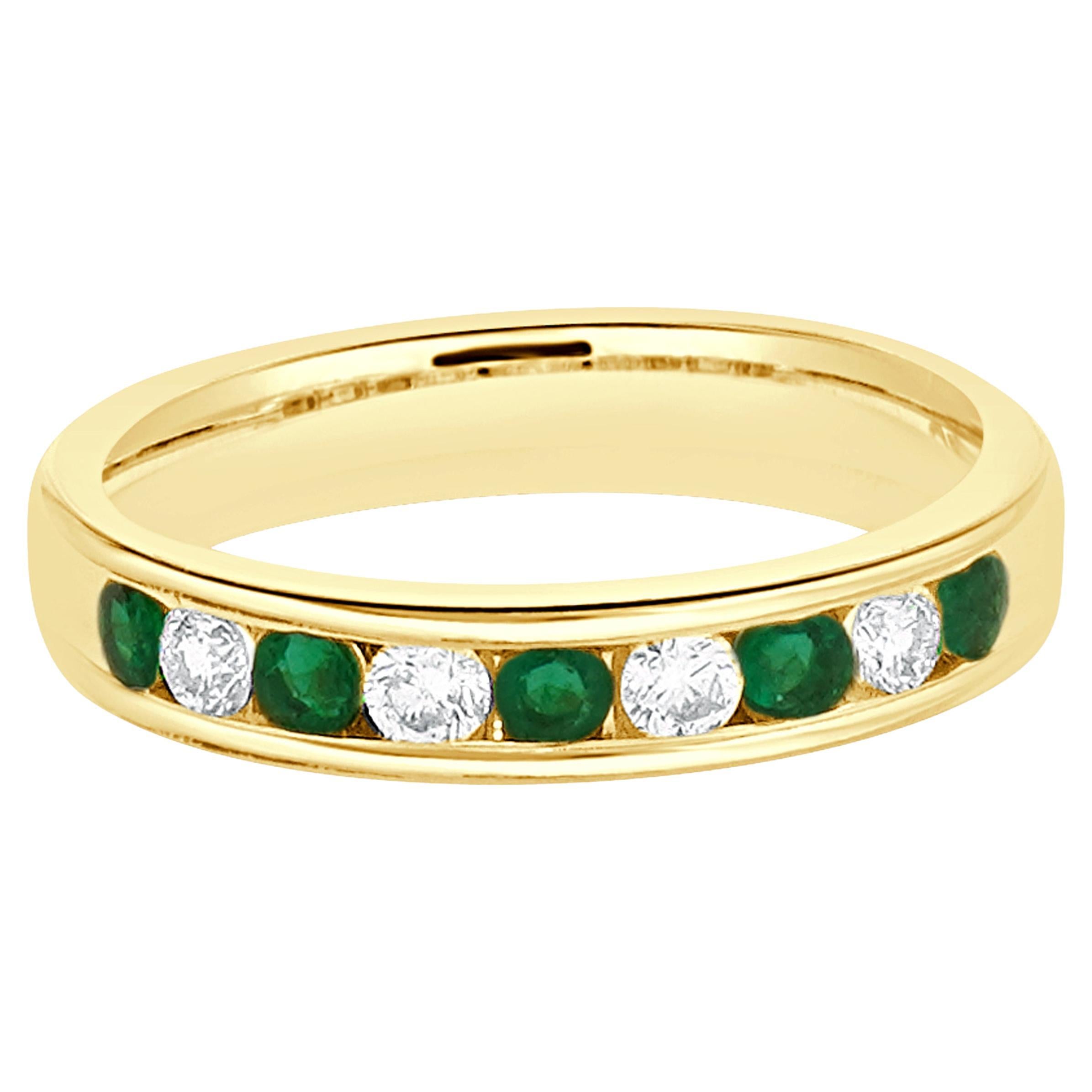 14 Karat Yellow Gold Diamond and Emerald Alternating Band