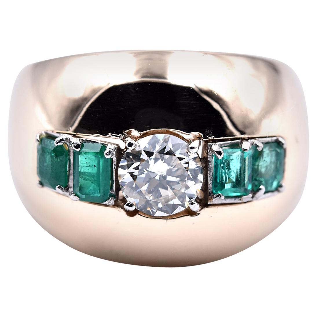 14 Karat Yellow Gold Diamond and Emerald Wide Domed Ring