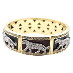 14 Karat Yellow Gold Diamond and Enamel Panther Cuff Bracelet