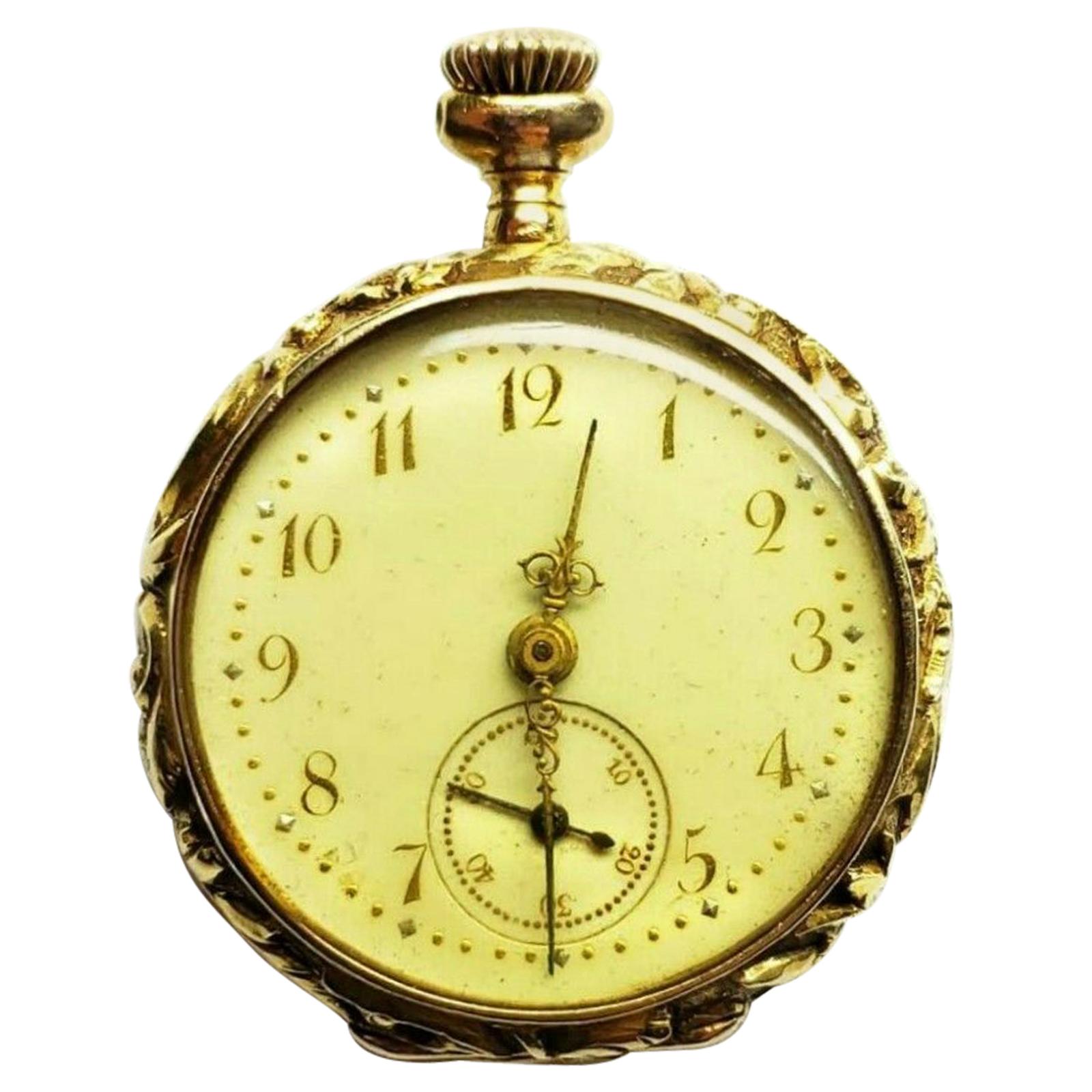 14k yellow gold diamond and enamel pocket watch, containing
Diamond Specifications
Main Stone:Diamonds
Shape:  Old miner
Carat Total Weight:   0.70ctw
Color:   F  
Clarity:   SI2
Jewelry Specifications
Metal: 14k Yellow Gold
Type:Pocket Hand-Wind
