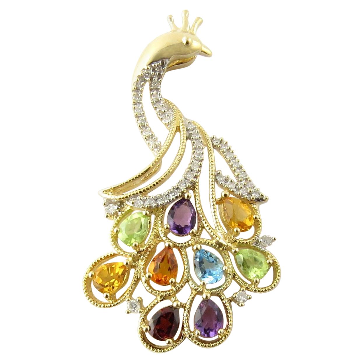 14 Karat Yellow Gold Diamond and Gemstone Peacock Pendant
