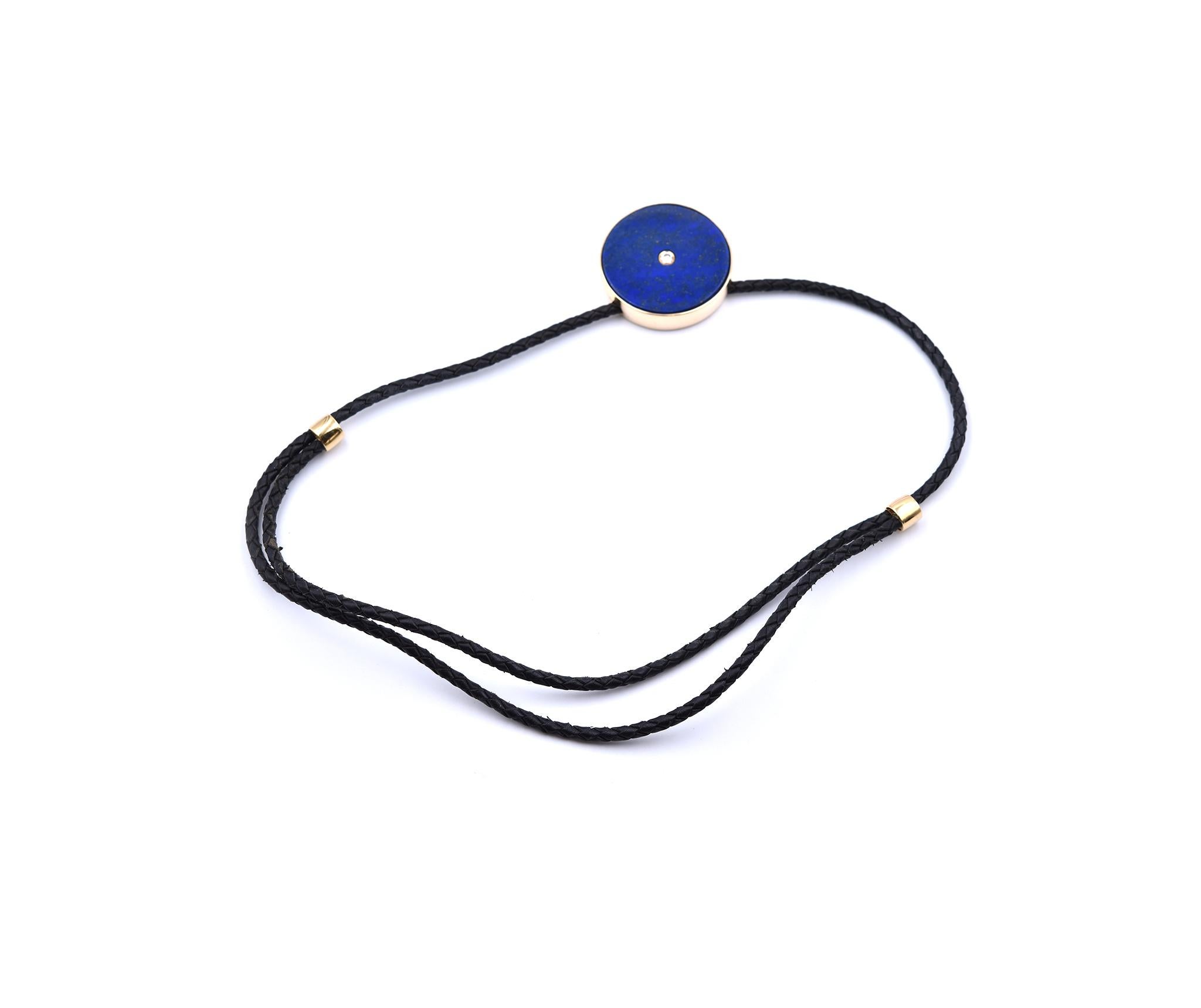 Round Cut 14 Karat Yellow Gold Diamond and Lapis Disc Pendant