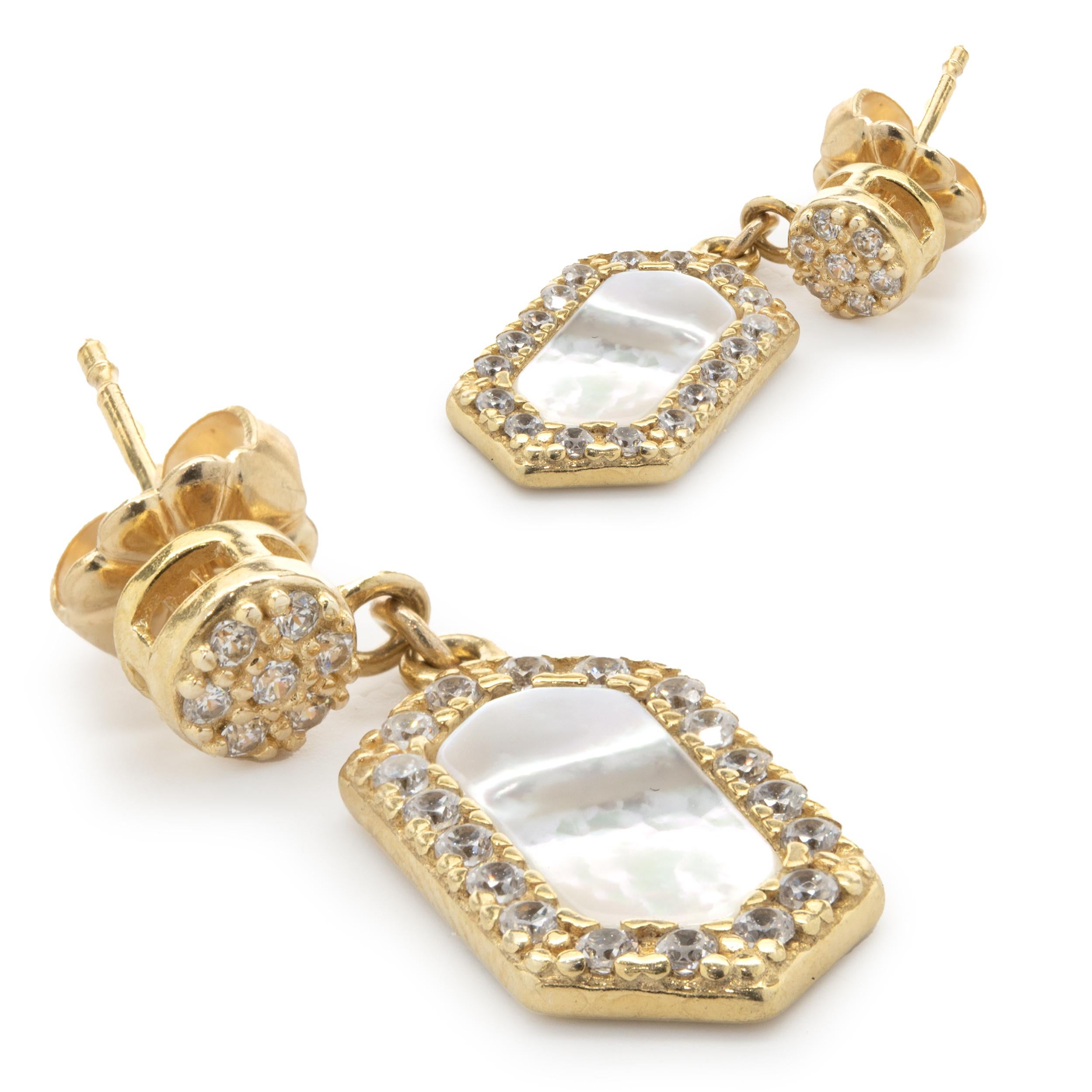 Round Cut 14 Karat Yellow Gold Diamond and Mother of Pearl Drop Earrings For Sale