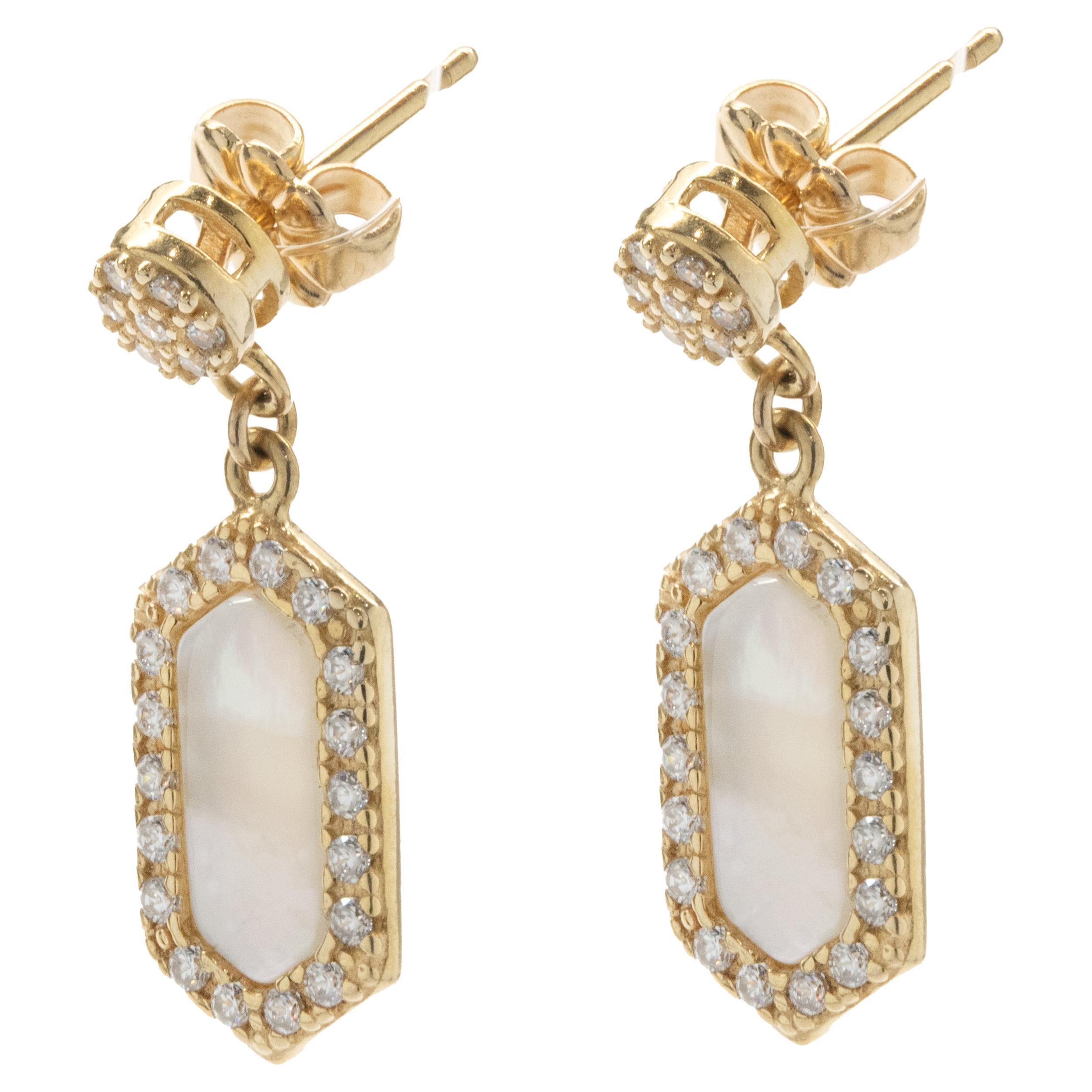 14 Karat Yellow Gold Diamond and Mother of Pearl Drop Earrings For Sale
