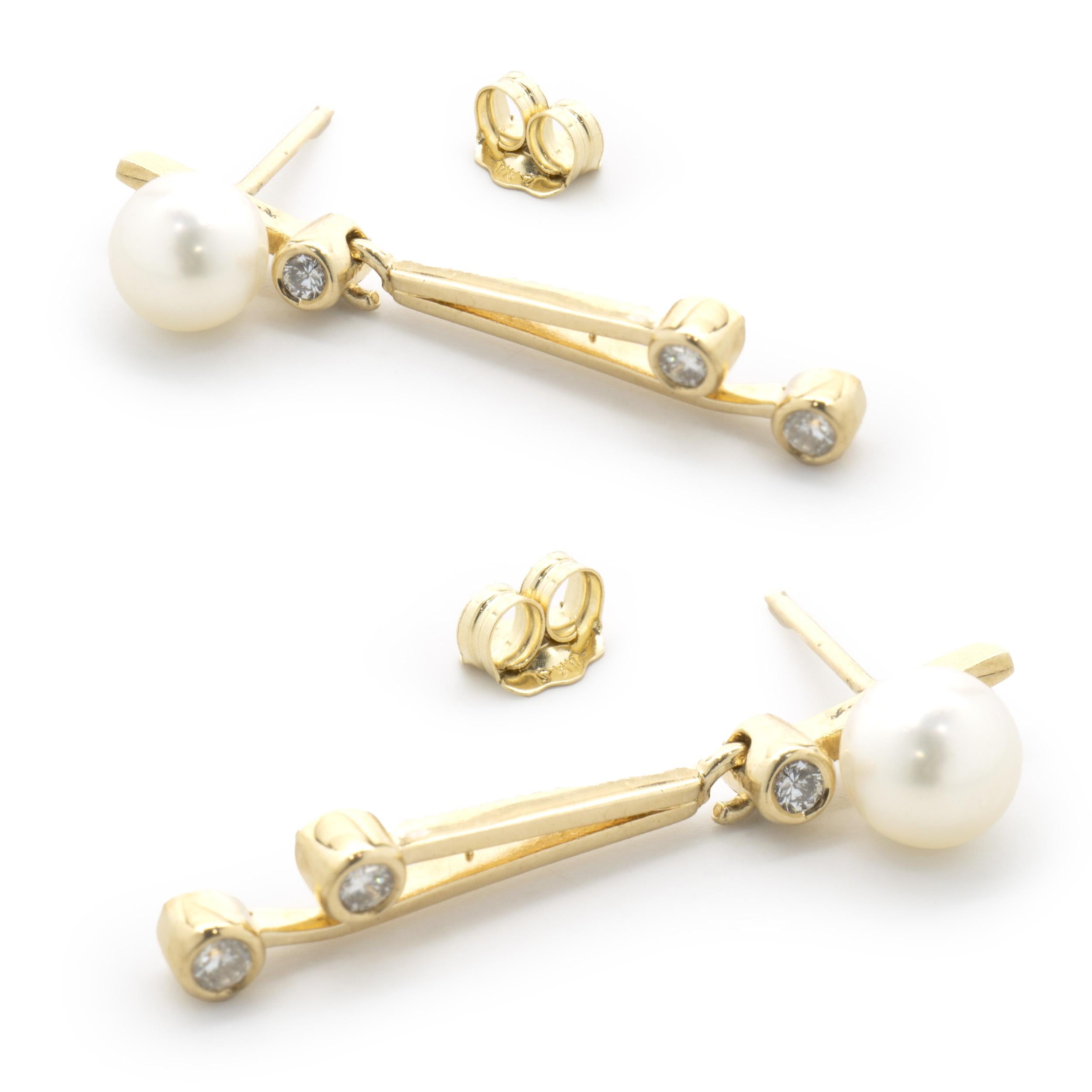 14 Karat Yellow Gold Diamond and Pearl Bar Drop Earrings In Excellent Condition In Scottsdale, AZ