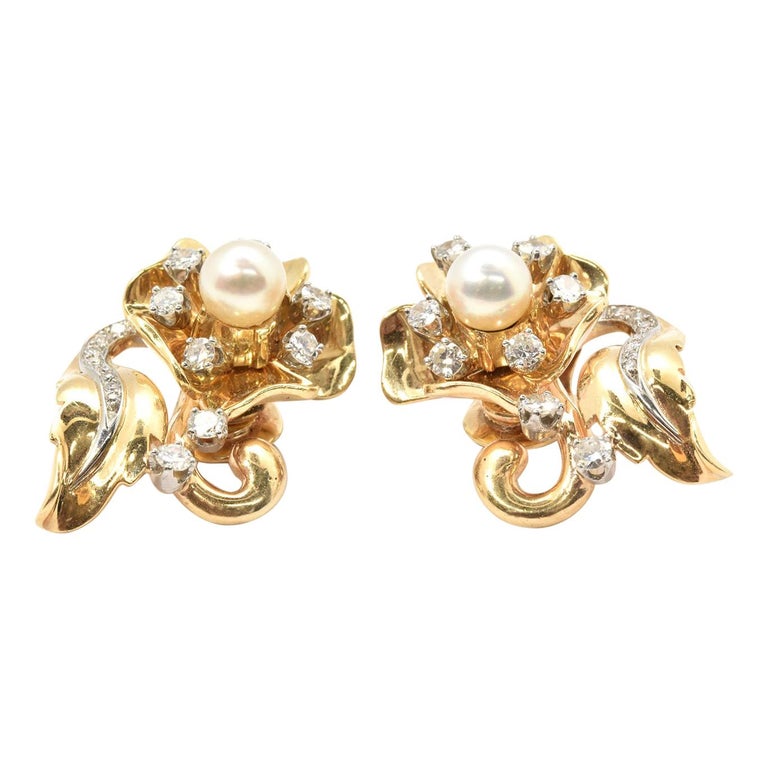 14 Karat Yellow Gold, Diamond and Pearl ClipOn Earrings For Sale at