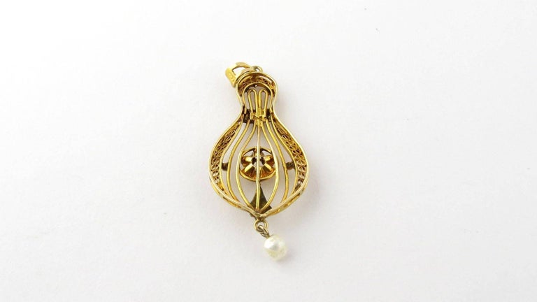 14 Karat Yellow Gold Diamond and Pearl Filagree Pendant For Sale at 1stDibs