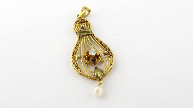 14 Karat Yellow Gold Diamond and Pearl Filagree Pendant For Sale at 1stDibs