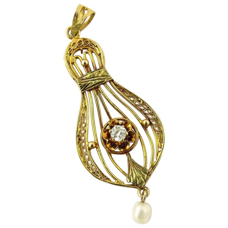 14 Karat Yellow Gold Diamond and Pearl Filagree Pendant For Sale at 1stDibs
