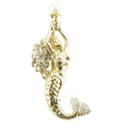 14 Karat Yellow Gold Diamond and Pearl Mermaid Pendant
