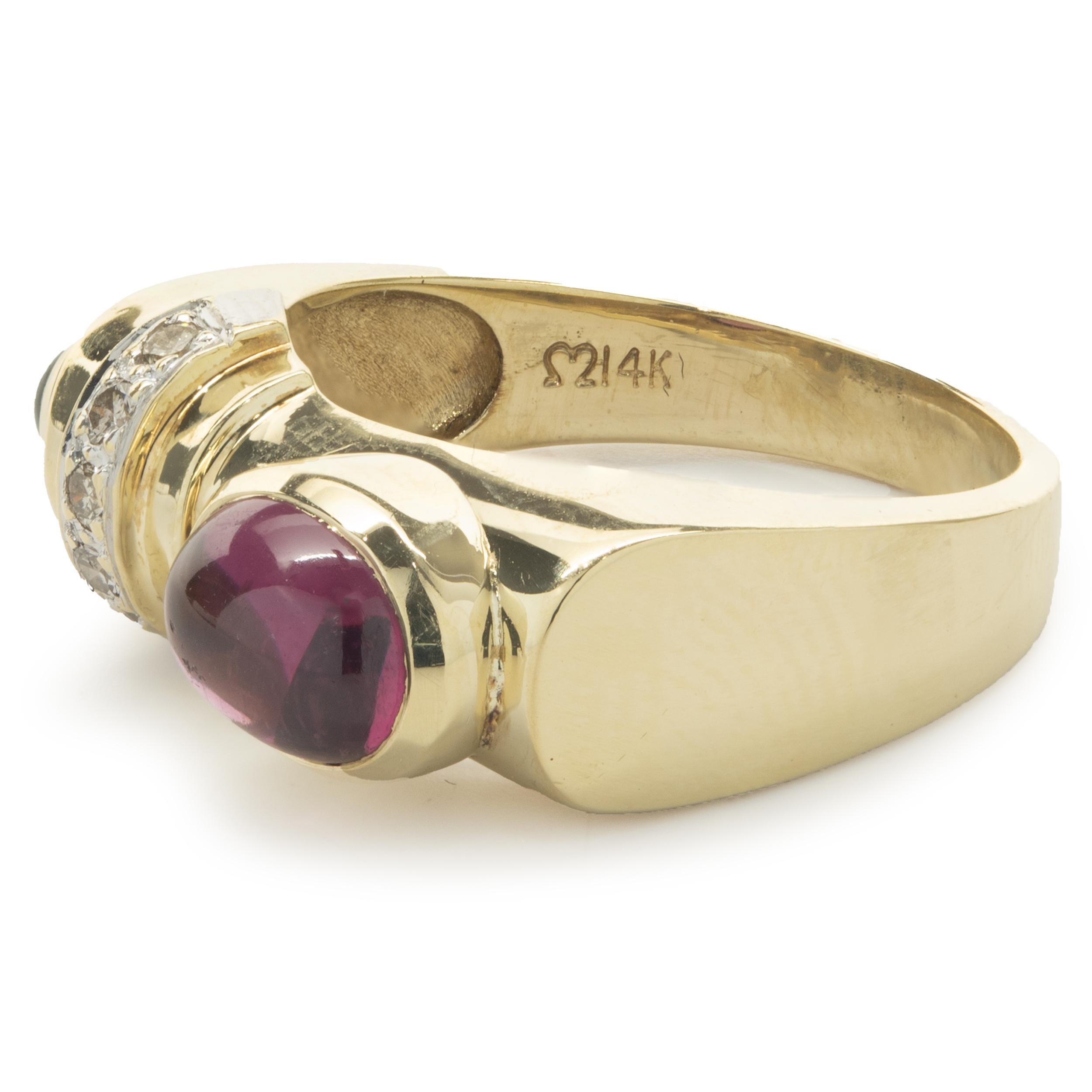 Mixed Cut 14 Karat Yellow Gold Diamond and Pink / Green Tourmaline Geometric Ring For Sale
