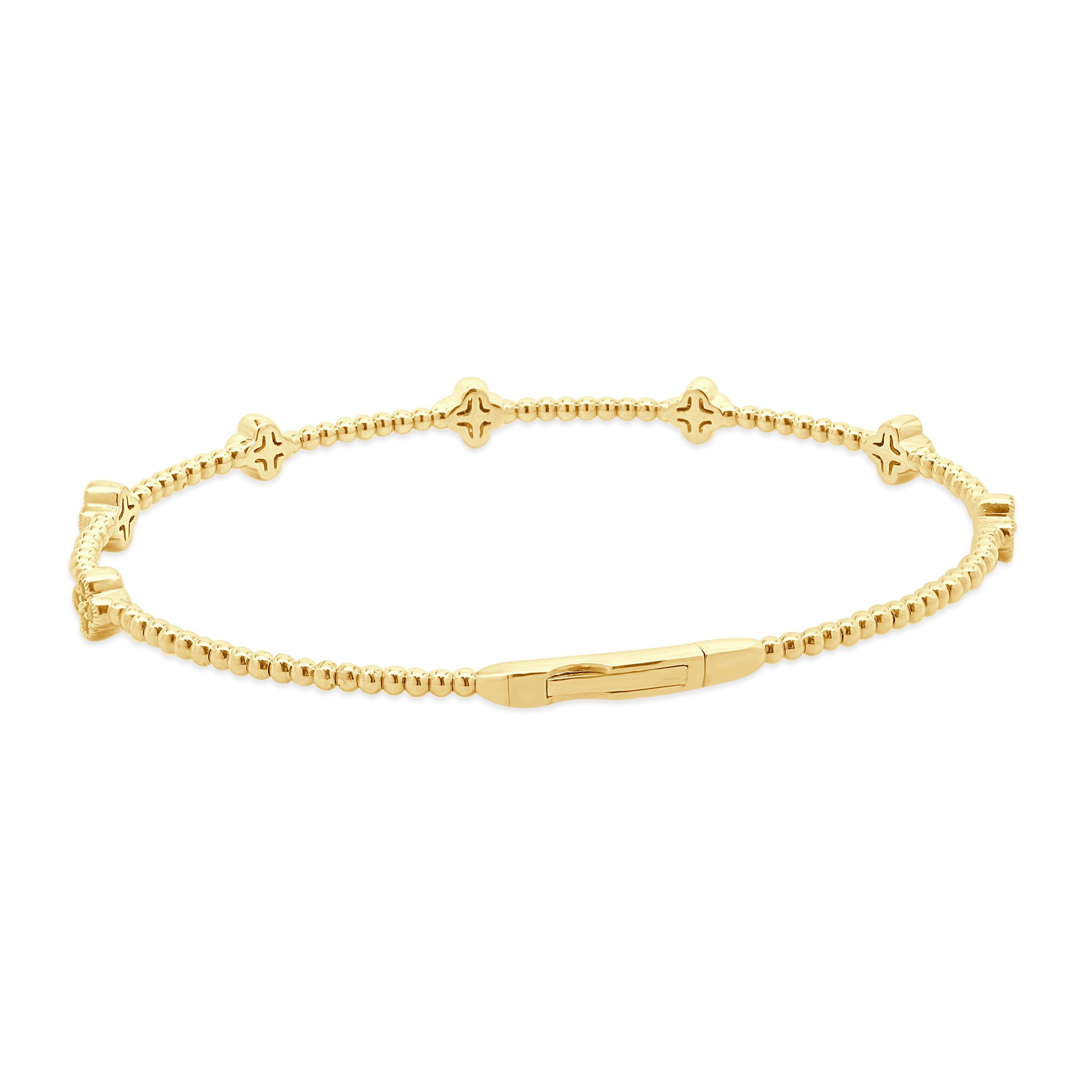 Round Cut 14 Karat Yellow Gold Diamond and Ruby Clover Station Bangle