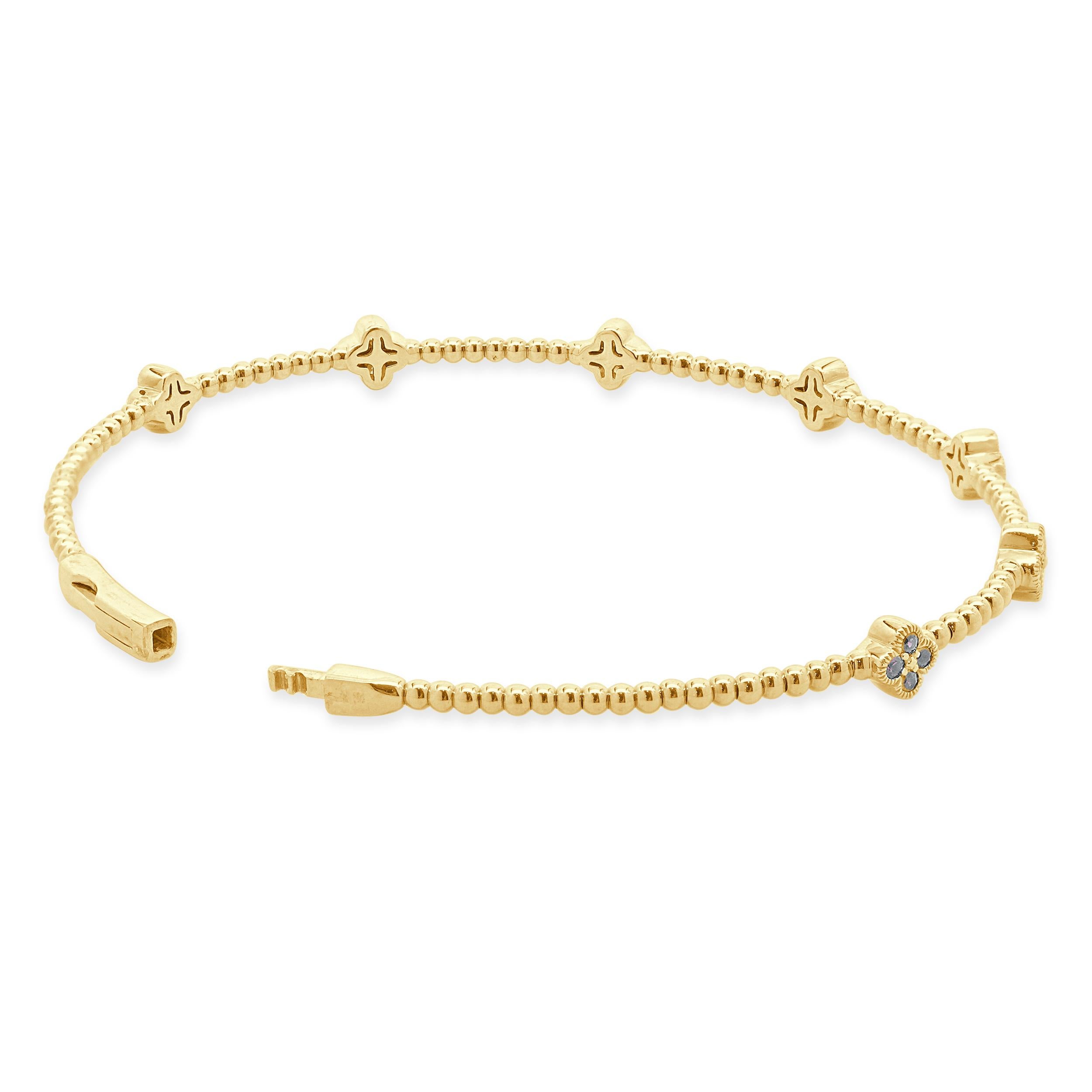 14 Karat Yellow Gold Diamond and Ruby Clover Station Bangle In Excellent Condition In Scottsdale, AZ