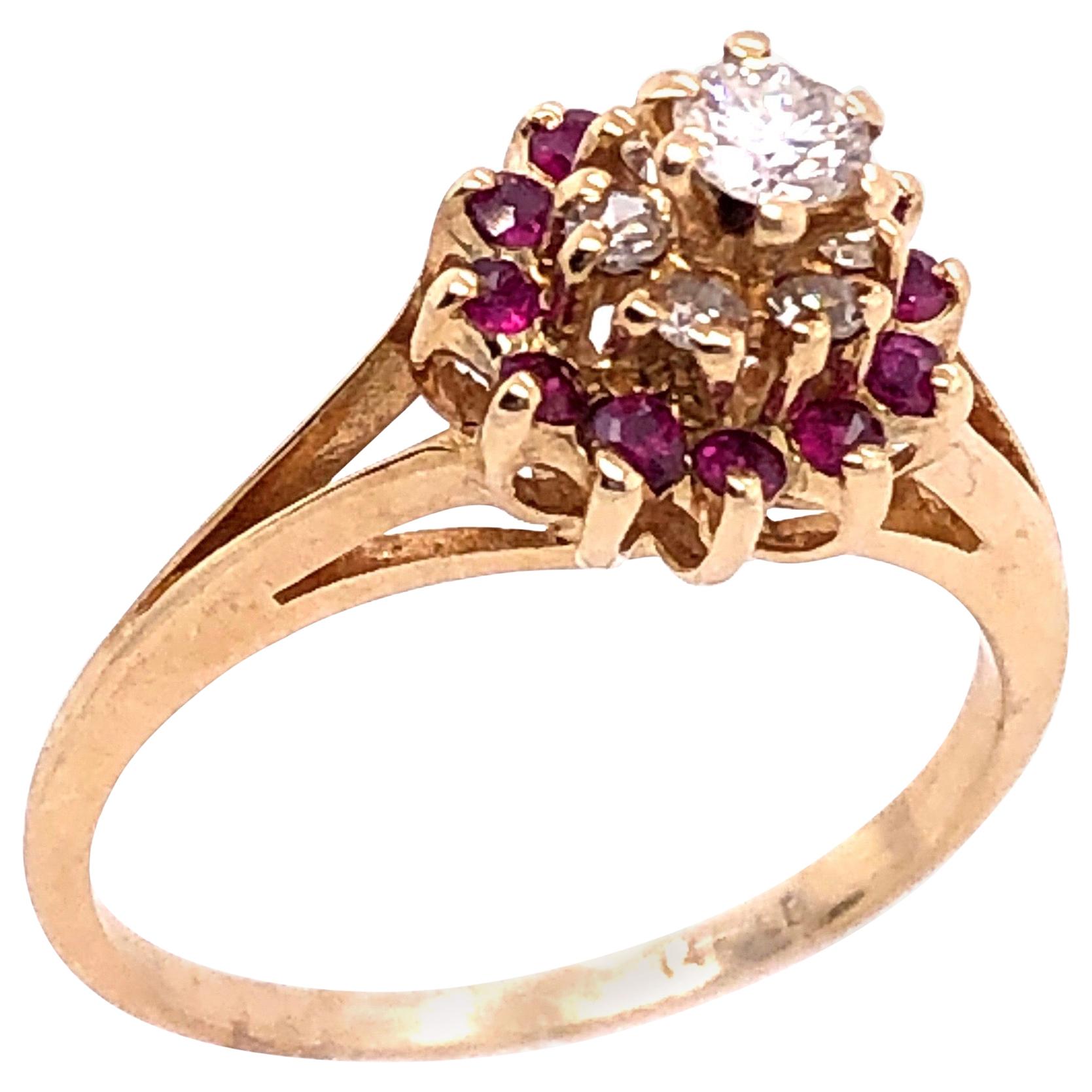 14 Karat Yellow Gold Diamond and Ruby Cluster Contemporary Ring 0.20 TDW For Sale