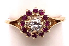 14 Karat Yellow Gold Diamond and Ruby Cluster Contemporary Ring 0.20 TDW
