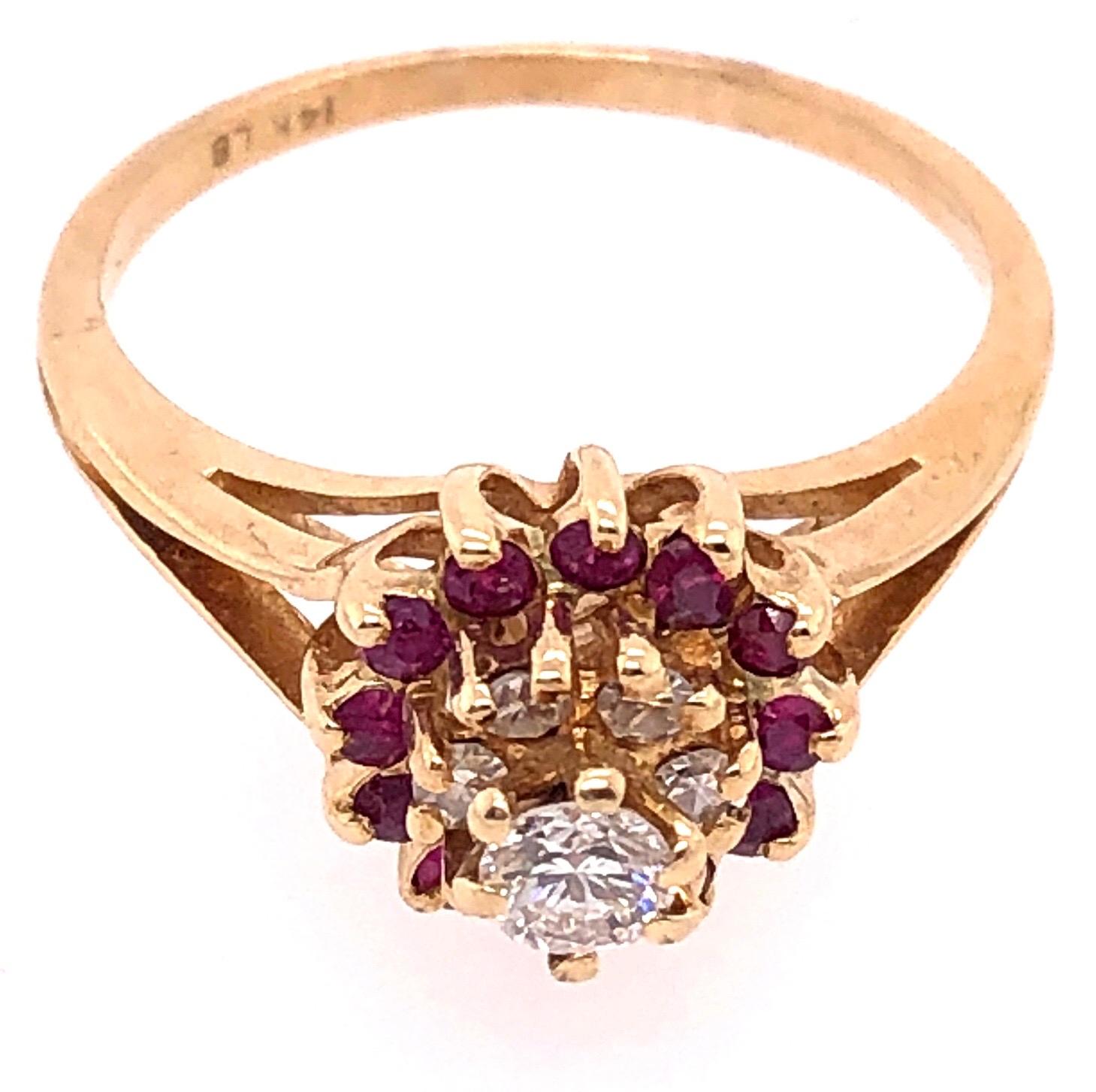 14 Karat Yellow Gold Diamond and Ruby Cluster Contemporary Ring 0.20 TDW For Sale 1