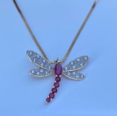 14 Karat Yellow Gold Diamond and Ruby Dragonfly Pendant on Balestra Italy Chain