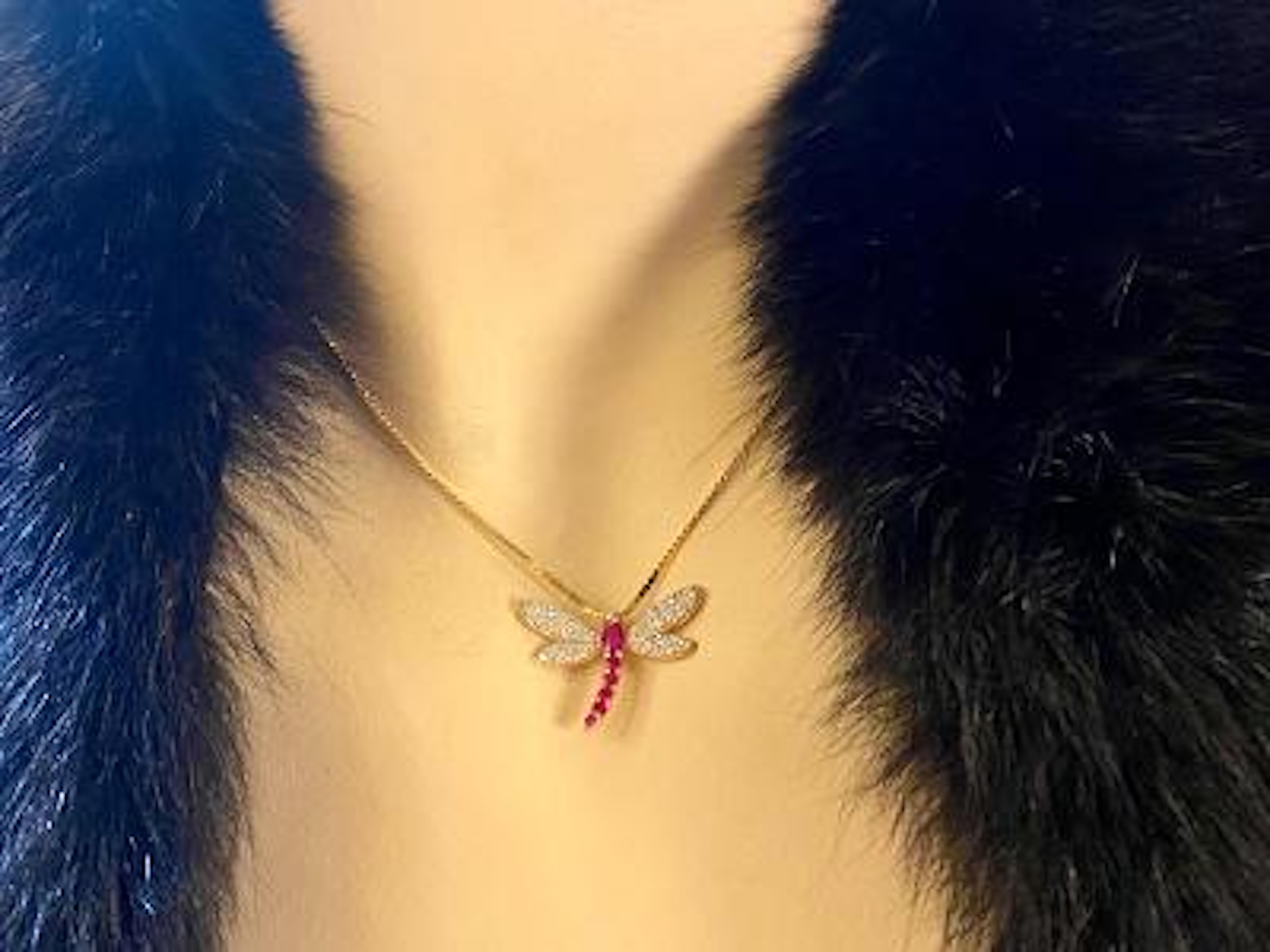 Round Cut 14 Karat Yellow Gold Diamond and Ruby Dragonfly Pendant on Balestra Italy Chain