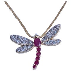 14 Karat Yellow Gold Diamond and Ruby Dragonfly Pendant on Balestra Italy Chain