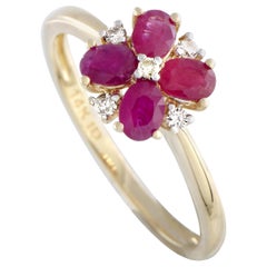 14 Karat Yellow Gold Diamond and Ruby Flower Ring