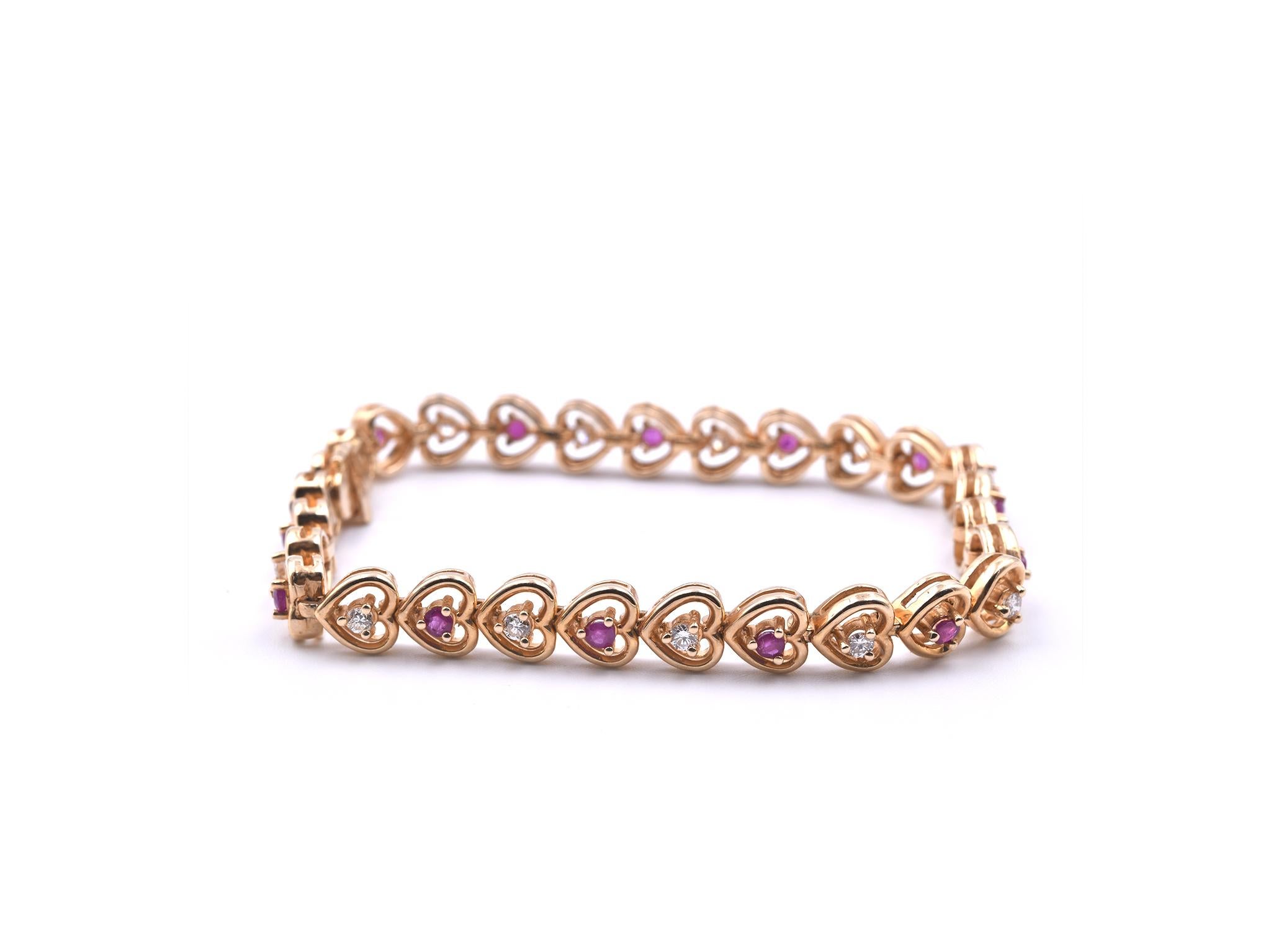 14 Karat Yellow Gold Diamond and Ruby Heart Bracelet In Excellent Condition In Scottsdale, AZ