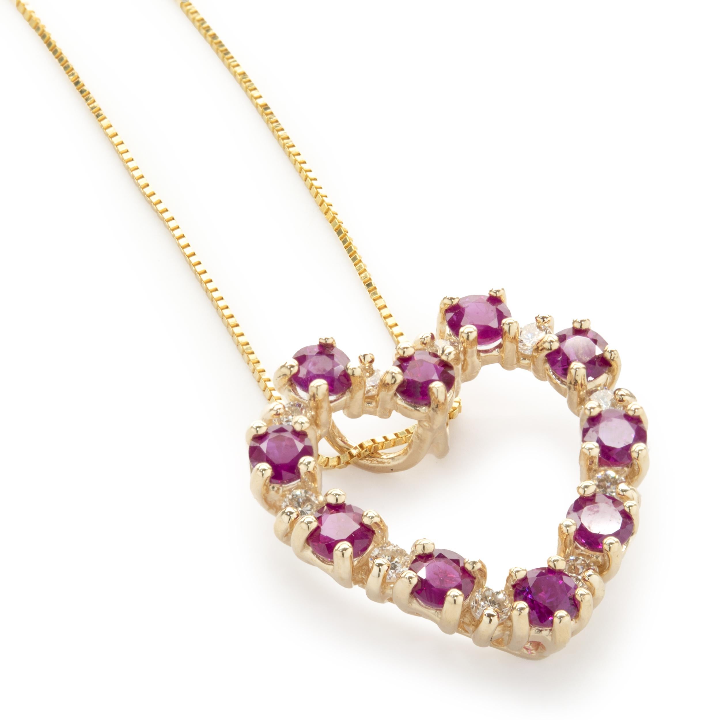 Round Cut 14 Karat Yellow Gold Diamond and Ruby Open Heart Necklace For Sale