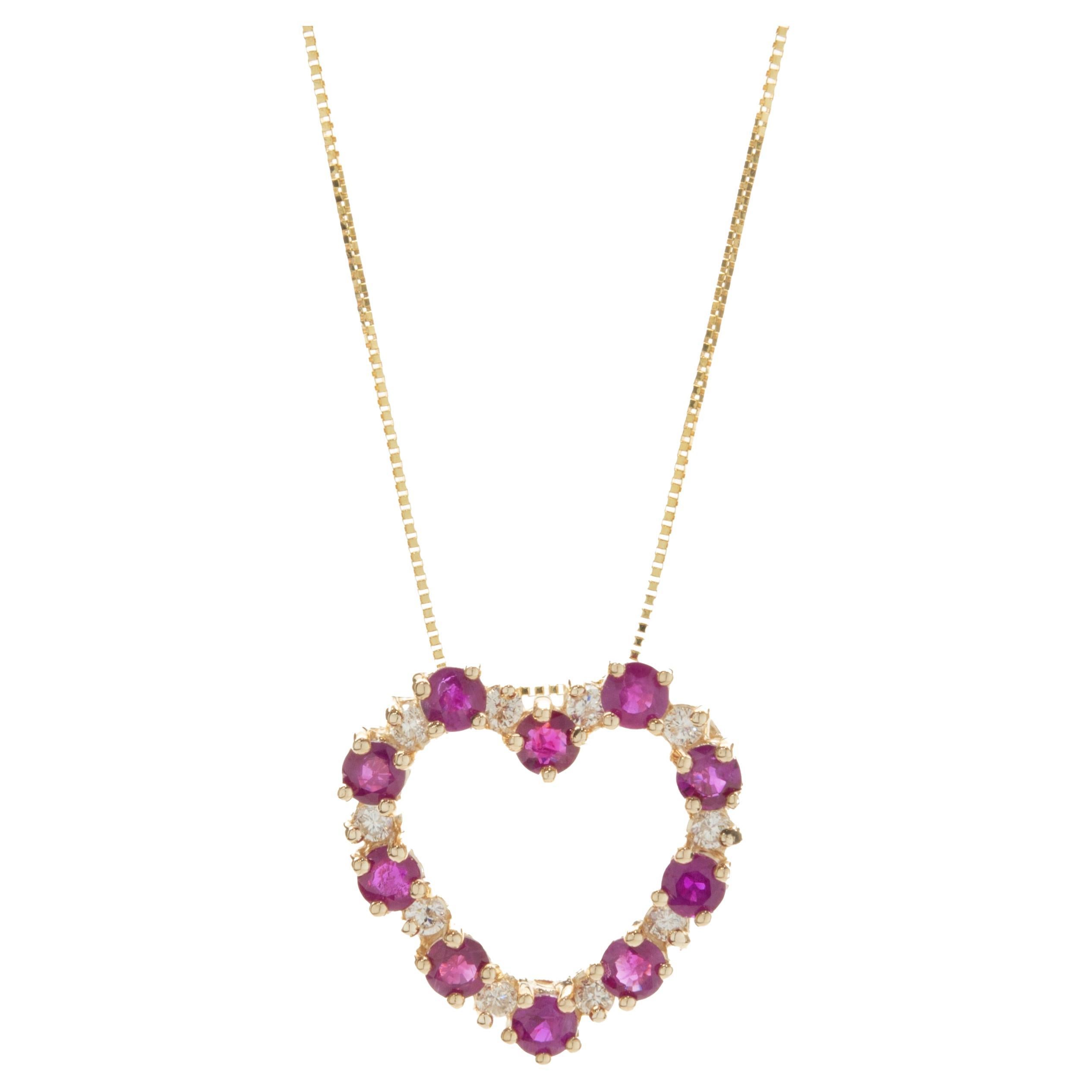 14 Karat Yellow Gold Diamond and Ruby Open Heart Necklace