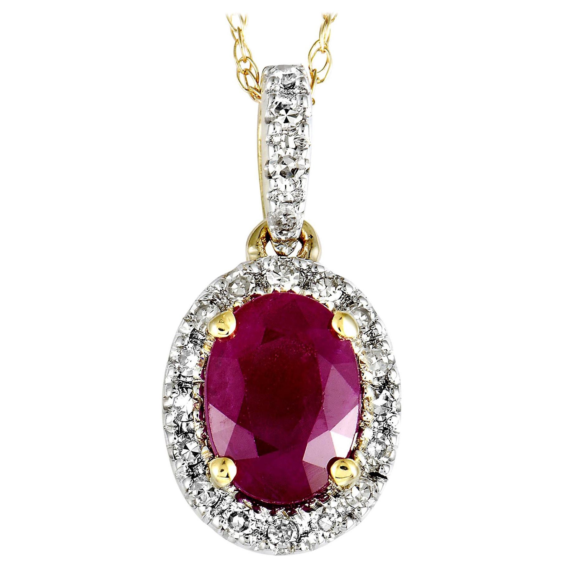 14 Karat Yellow Gold Diamond and Ruby Oval Pendant Necklace