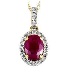 14 Karat Yellow Gold Diamond and Ruby Oval Pendant Necklace