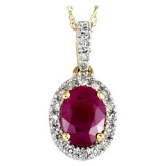 14 Karat Yellow Gold Diamond and Ruby Oval Pendant Necklace
