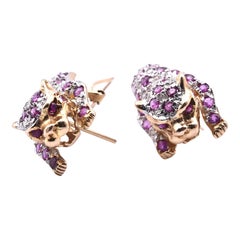 14 Karat Yellow Gold Diamond and Ruby Panther Earrings