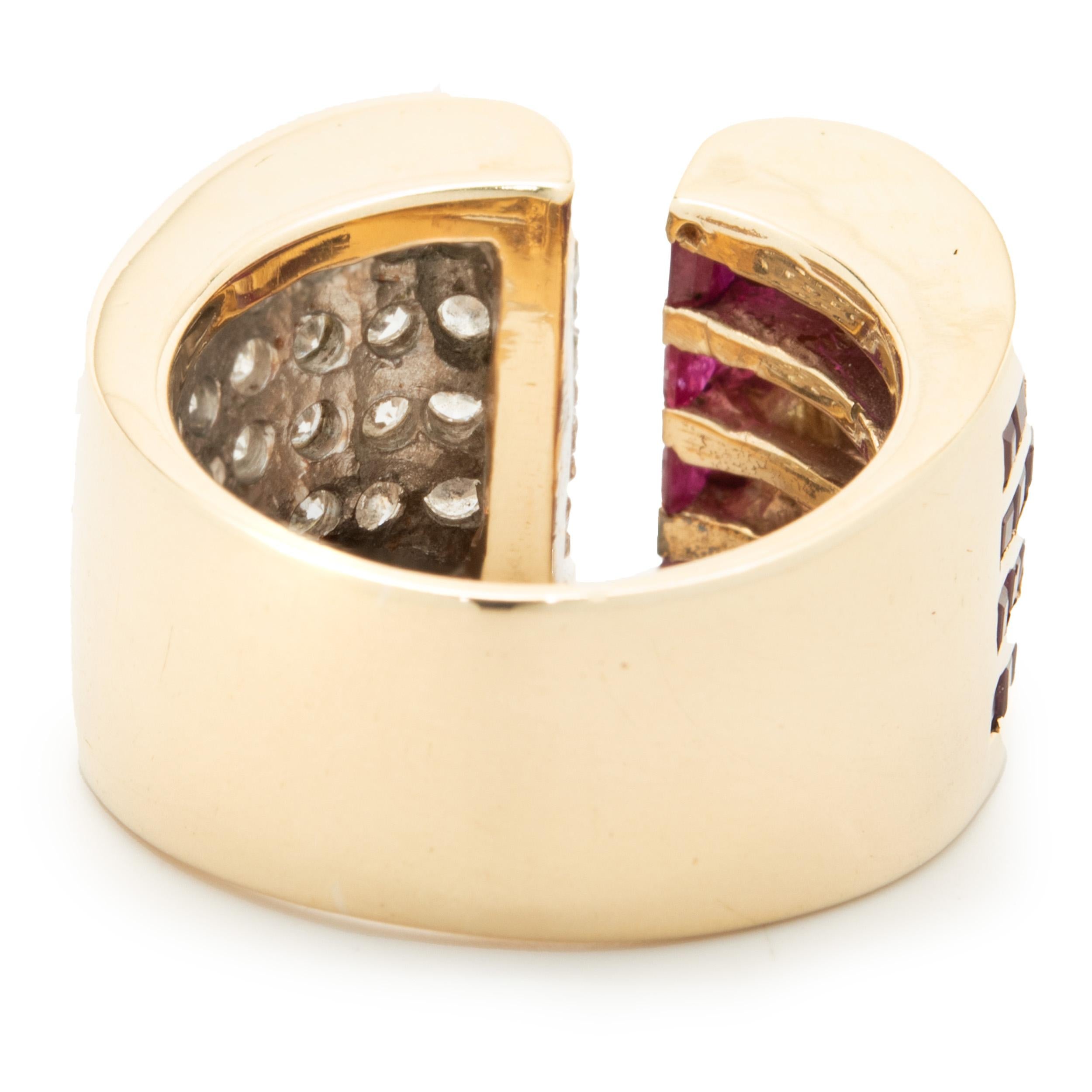 14 Karat Yellow Gold Diamond and Ruby Split Cigar Band In Excellent Condition In Scottsdale, AZ