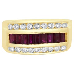 14 Karat Yellow Gold Diamond and Ruby Three Row Ring
