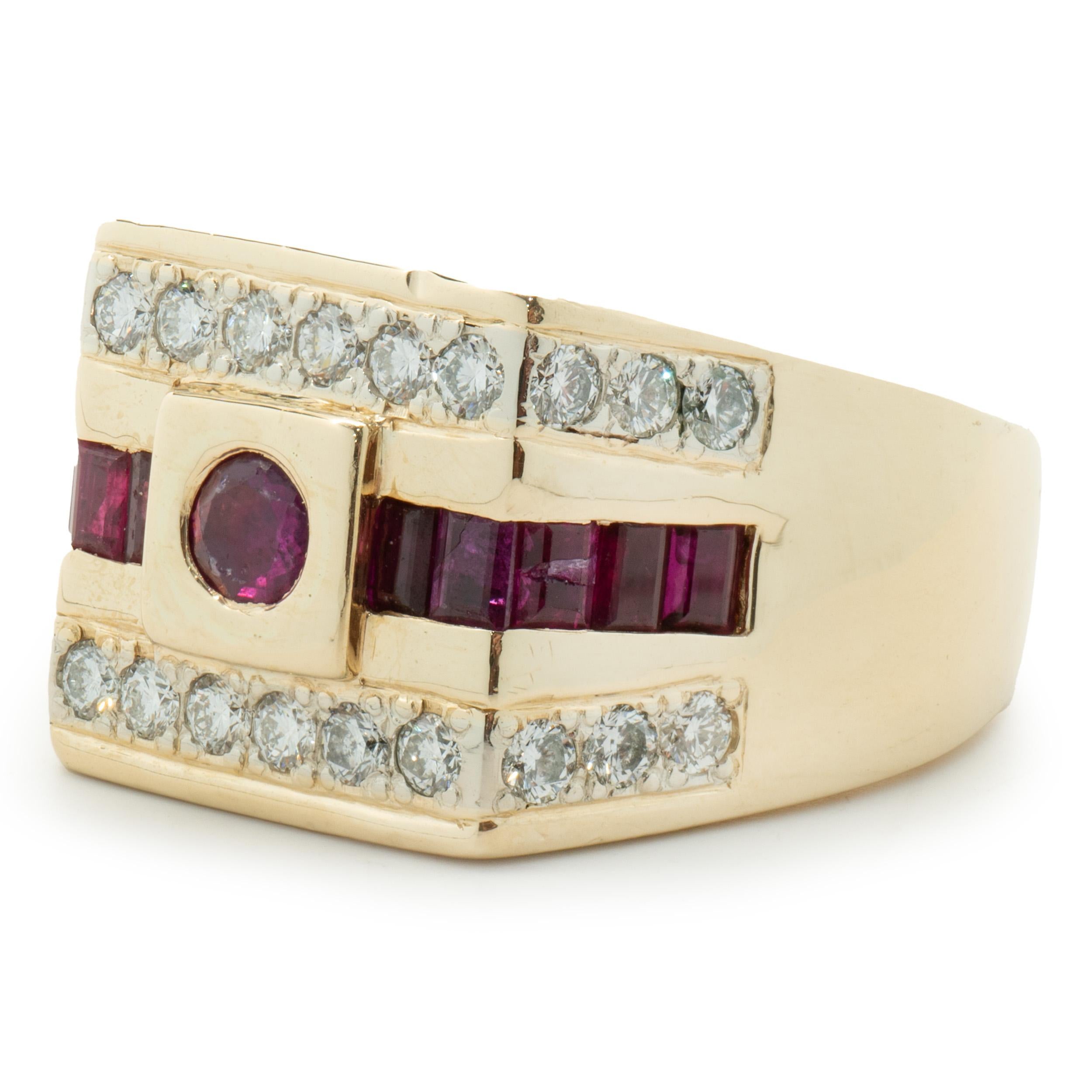 Designer: custom design
Material: 14K yellow gold
Diamond: 24 round brilliant cut = 1.20cttw
Color: G
Clarity: SI1-2
Ruby: 11 round and princess cut = 1.65cttw
Dimensions: ring top measures 16mm wide
Ring Size: 13 (please allow two extra shipping