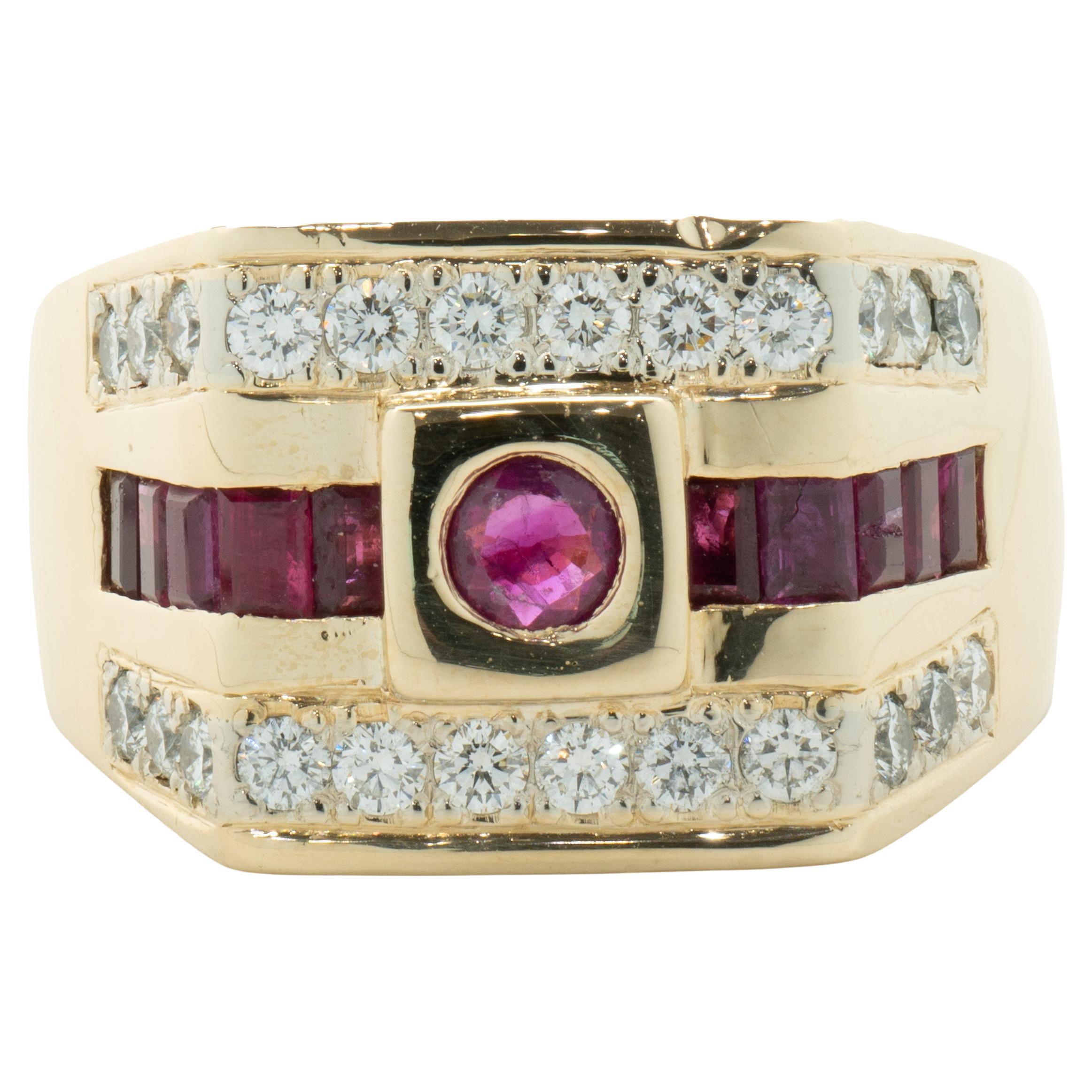 14 Karat Yellow Gold Diamond and Ruby Three Row Signet Style Ring For Sale