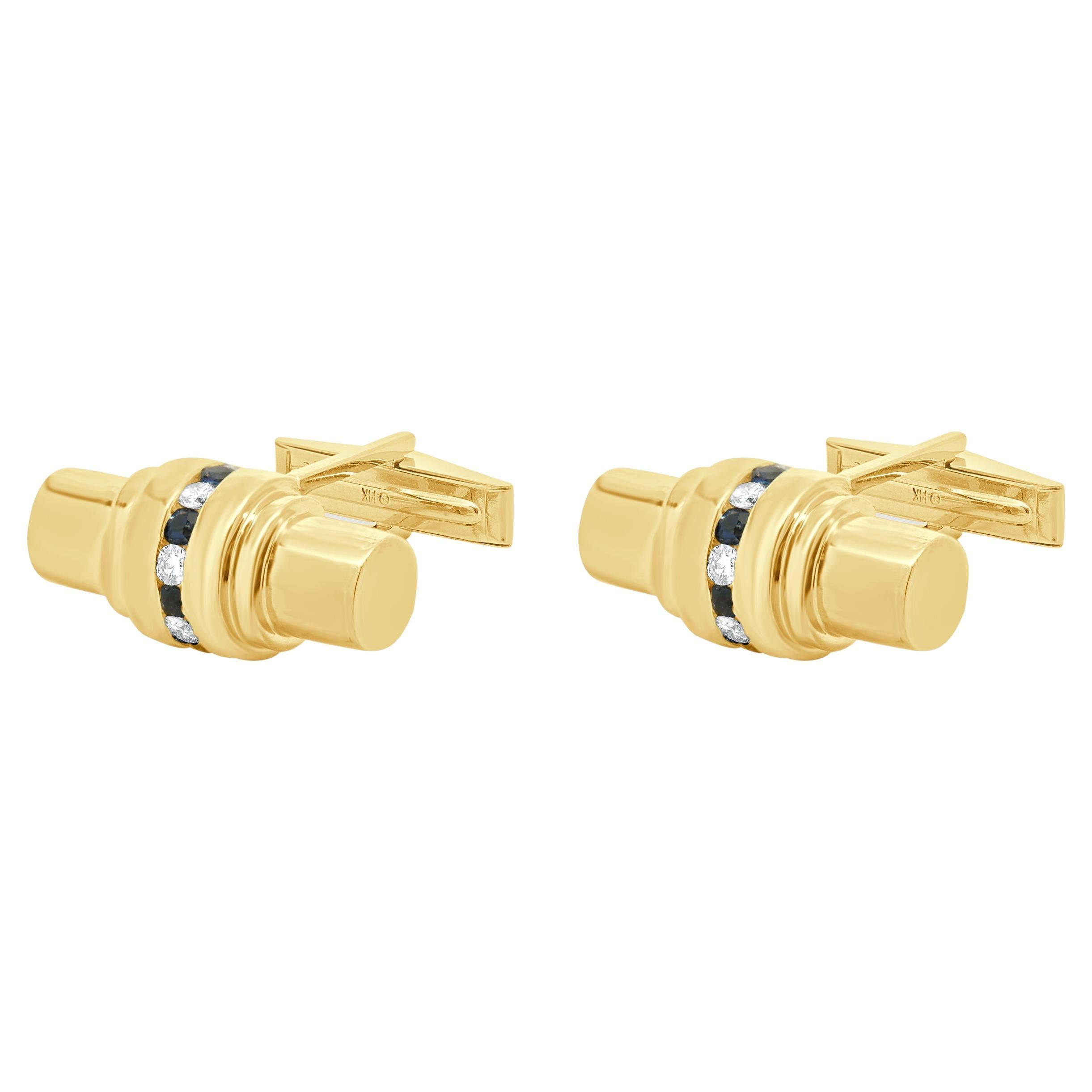 14 Karat Yellow Gold Diamond and Sapphire Barrel Cufflinks