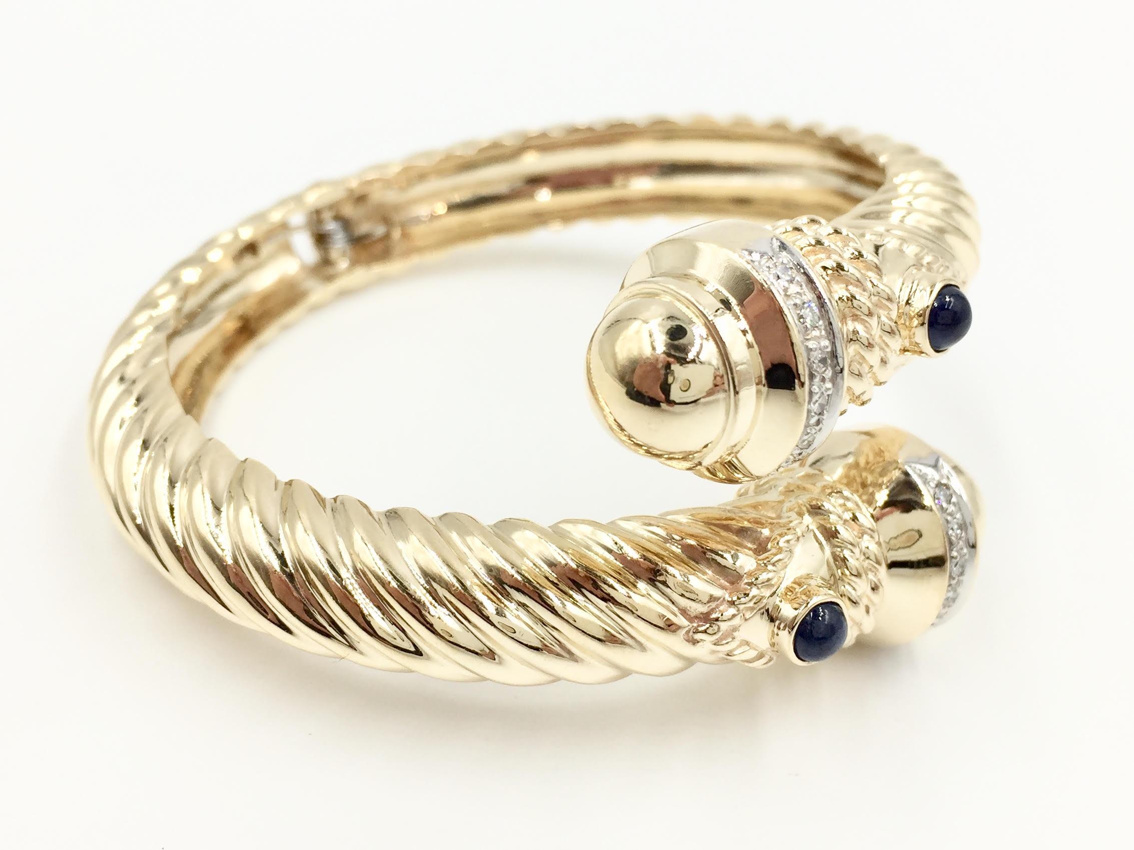 Women's 14 Karat Yellow Gold Diamond and Sapphire Bypass Cable Cuff Bracelet